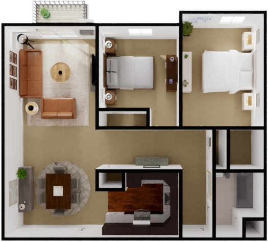 Floor plan for 2 beds, 1 bath, 915 sqft